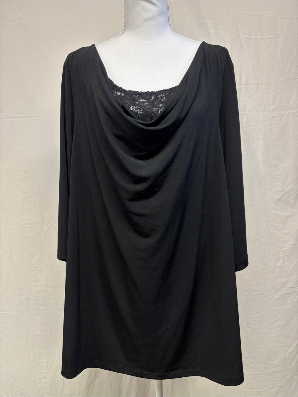 Black 3/4 Sleeve Cowl Neck Top with Lace Inset